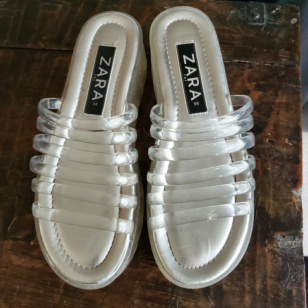 Zara clear plastic and silver slide sandals